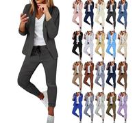 Generisch Hosenanzug Damen Elegant 2 Teilig Hosenanzug Langarm Business Anzug Set Zweiteiler Einfarbig Blazer Hose Slimfit Streetwear Frauen Baumwolle Freizeitanzug,01 Dunkelgrau,S