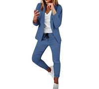 Generisch Hosenanzug Damen Elegant 2 Teilig Hosenanzug Langarm Business Anzug Set Zweiteiler Einfarbig Blazer Hose Slimfit Streetwear Frauen Baumwolle Freizeitanzug,03 Blau,M