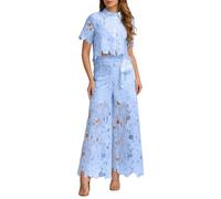 Generisch Hosenanzug Damen Löchern Durchsichtiger Hausanzug Bluse Und Hosen Zweiteiler Set Spitzen Optik Weiten Sommeranzug Elegantes Outfit Abendanzug Trainingsanzug Loungewear
