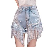 Generisch Jean Shorts Damen mit Strass High Waist Jeansshorts In Lockere Passform Lässig Sommer Hot Pants Denim Hotpants Stilvolle Freizeitliche Bermuda Shorts Weites Bein Kurze Jeanshose mit Taschen