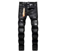 Generisch Jeans Herren Stickerei Denimhose mit Destroyed Bein in Distressed Optik Lässige Schmal Geschnittene Gerade Biker Jeans Entspannte Bequeme Zerrissene Jeanshose