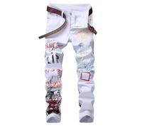 Generisch Jeans Herren Stickerei Denimhose mit Destroyed Bein in Distressed Optik Lässige Schmal Geschnittene Gerade Biker Jeans Entspannte Bequeme Zerrissene Jeanshose