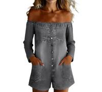 Generisch Jeans Jumpsuit Damen Off Shoulder Langarm Einteiler Ein Knopfleiste mit Taschen Denim Latzhose Retro Lässig Playsuit Freizeit Streetwear Sommer Trendige Bodysuit Hosenanzug
