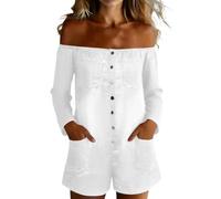 Generisch Jeans Jumpsuit Damen Off Shoulder Langarm Einteiler Ein Knopfleiste mit Taschen Denim Latzhose Retro Lässig Playsuit Freizeit Streetwear Sommer Trendige Bodysuit Hosenanzug