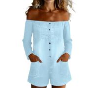 Generisch Jeans Jumpsuit Damen Off Shoulder Langarm Einteiler Ein Knopfleiste mit Taschen Denim Latzhose Retro Lässig Playsuit Freizeit Streetwear Sommer Trendige Bodysuit Hosenanzug