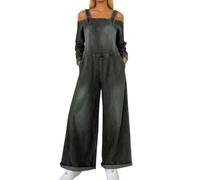Generisch Jeans Jumpsuit Overall Festlich Sommer Damen Latzhose Elegant Langarm Jeanslatzhose Einteiler Baggy Party Jumpsuits Damen-Overalls Lang Für Dunkelblau