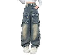 Generisch Jeans Kinder Mädchen, Baggy Hose Mädchen Jeanshosen Freizeit Weich Elastischer Bund Baggy Denim-Hose Mit Taschen Hip Hop Lange Hose Stretch Comfort Cargo Freizeithose Baggy Pants Y2k
