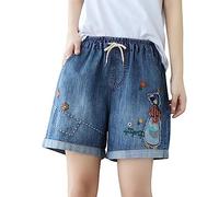 Generisch Jeans Shorts Damen Sommer, Jeans 3/4 Damen Sommer, Sommer Frauen National Wind Stickerei Schräge Dünne Lose Taille Denim Shorts Jeanshosen 36/32, Monatsabrechnung Anzeigen