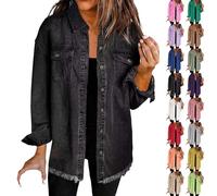 Generisch Jeansjacke Damen Lang, Regenjacke Damen Wasserdicht, Oversize Denim Jacke Frayed Hem Übergangsjacke Leichte Sommerjacke Jeansjacken Frühjahr Sommer Jacke Freizeitjacke, Reise Must Have