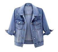 Generisch Jeansjacke Kurz Damen 3/4 Ärmel Farbige Cropped Jeansjacke Helle Waschung Kurze Jeansjacke Trucker Mantel Jeansjacke Tailliert Damen Schwarz