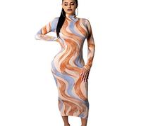 generisch JIER Damen Etuikleid Bodycon Kleid Long Turtleneck Dress Knielang Partykleid Minikleid Bleistiftkleid Lange ärmel Abendkleid mit Digitaldruck (Orange,Small)