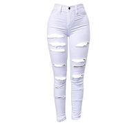 Generisch JIER Damen Jeans mit Löchern Zerrissene Skinny Jeanshosen High Waist Slim Stretch Straight Hosen Slim Fit Stretch Stylische Boyfriend Jeans mit Löcher Hosen (Weiß,L,L)