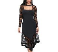 generisch JIER Damen Langarm Spitzenkleid Unregelmässig Kleid Vintage Spitzen Cocktail Party Abendkleider Cocktailkleid Spitze Etuikleid Mini Abendkleid Knielanges Festlich Kleid (Schwarz,Medium)