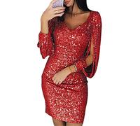 generisch JIER Damen V-Ausschnitt Glänzend Partykleid Fransen Langarm Sexy Cocktailkleid für Hochzeit Paillettenkleid Abendkleider Elegante Festliches Kleid Glitzer Abendkleid (Rot,X-Large)