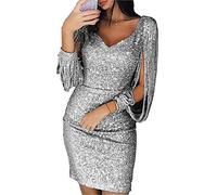 generisch JIER Damen V-Ausschnitt Glänzend Partykleid Fransen Langarm Sexy Cocktailkleid für Hochzeit Paillettenkleid Abendkleider Elegante Festliches Kleid Glitzer Abendkleid (Silber,XXX-Large)