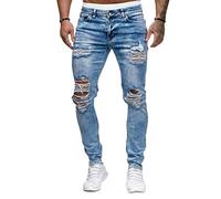 Generisch JIER Herren Löcher Vintage Jeans Slim Fit mit Geradem Bein Basic Jeanshosen Hosen Destroyed Zerrissen Jeanshose Pants Hose Freizeithosen (Blau,L,L)