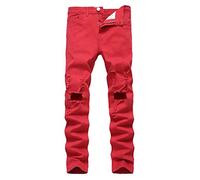 Generisch JIER Männer Destroyed Zerrissen Jeanshose Regular Fit Gerade Hosen Basics Slim Fit Lang Denim Hose Jeanshosen Jeanshose Pants Freizeithosen (Rot,33,33)