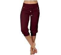 Generisch Jogginghose Damen 3/4 Hose Caprihose Damen Sommer Elegant Outdoor Sporthose Laufhose Leicht Einfarbig Bequem Elastische Hohe Taille Sommerhose mit Taschen Freizeithose Wein,M