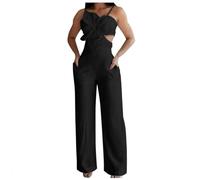 Generisch Jumpsuit Damen Elegant - Damen Jumpsuit Off Shoulder High Waist Playsuits Casual Solid Straps Romper Hollow Patchwork Jumpsuit