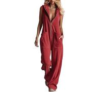 Generisch Jumpsuit Damen Elegant Festlich Große Größen - Latzhose Damen Baumwolle Sommer Ärmellos Overall V-Ausschnitt Mit Reißverschluss Und Kapuze Sport-Overall Lose Sportanzug Lässig Strampler