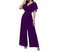 Generisch Jumpsuit Damen Elegant für Hochzeit Overall Damen Festlich Chiffon Hosenanzug V Ausschnitt Kurzarm Jumpsuits Weites Bein Culotte Tailliert Romper Lang Wickel Playsuit Hochzeitsgast