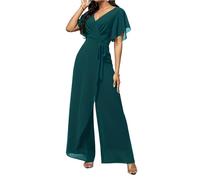 Generisch Jumpsuit Damen Elegant für Hochzeit Overall Damen Festlich Chiffon Hosenanzug V Ausschnitt Kurzarm Jumpsuits Weites Bein Culotte Tailliert Romper Lang Wickel Playsuit Hochzeitsgast