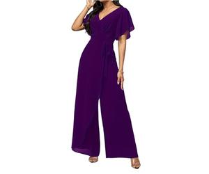 Generisch Jumpsuit Damen Elegant für Hochzeit Overall Damen Festlich Chiffon Hosenanzug V Ausschnitt Kurzarm Jumpsuits Weites Bein Culotte Tailliert Romper Lang Wickel Playsuit Hochzeitsgast