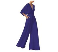 Generisch Jumpsuit Damen Kurzarm V-Ausschnitt Overall Hosenanzug Elegant Einfarbig Weites Bein Playsuit Party Romper Bodysuit Catsuit Ganzkörperanzug Faschingskostüm