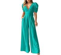 Generisch Jumpsuit Damen Kurzarm V-Ausschnitt Overall Hosenanzug Elegant Einfarbig Weites Bein Playsuit Party Romper Lang Festlich Hochzeit Sommerhose Für Reisen Urlaub Büro Business Outfit