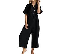 Generisch Jumpsuit Damen Sommer Lang Kurzarm Baumwolle Leinen Overall mit Knöpfen und Taschen Atmungsaktiv Weites Bein Bodysuit Einfarbig Stehkragen Playsuit Catsuit