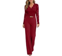 Generisch Jumpsuit Damen Spitze Elegant Body Tiefer V-Ausschnitt Catsuit Schulterfrei Hohe Taille Playsuit Cocktail Party Festlich Overalls Hosenanzug Mit Gürtel Homewear