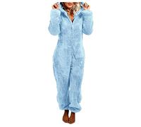 Generisch Jumpsuit Damen Teddy Fleece Einteiler Overall Anzug Flauschig Schlafanzug Winter Warm Onesie Plüsch Kuschelig Hausanzug Lang Schlafoverall Weich Pyjama mit Kapuze(Hellblau, XL)