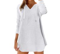 Generisch Kapuzenpullover Damen Leicht Hoodie aus Baumwolle und Leinen, Langarm V-Ausschnitt Leinenbluse mit Kapuze Große Größen Pullover Sweatshirt Einfarbig Basic Tuniken Longshirt mit Taschen