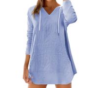 Generisch Kapuzenpullover Damen Leicht Hoodie aus Baumwolle und Leinen, Langarm V-Ausschnitt Leinenbluse mit Kapuze Große Größen Pullover Sweatshirt Einfarbig Basic Tuniken Longshirt mit Taschen
