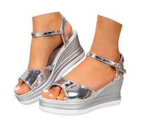 Generisch keilabsatz Sandalen Damen Keilabsatz Elegante Plateau Schwarz Damensandalen Sommer Bequem Sandale Keilsandaletten Schuhe Sandaletten Elegant Sandals Latschen Silber 40