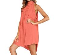 Generisch Kleid Damen Sommer Knielang Elegant Sommerkleid Ärmellos Schulterfrei Kleider Vorne Kurz Hinten Lang Strandkleid Locker Luftig Damenkleider Stehkragen mit Knopfleiste Sommerkleider Leicht