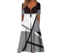 Generisch Kleid Lang Damen Sommer Damen Kleid Mit Blumendruck, Kurzärmelig, Lässig, Rundhalsausschnitt, Knopftaschen, Lange Strandkleider Silvesterkleider