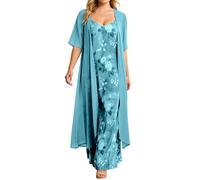 Generisch Kleider Damen Blumenkleid Anzug Elegant Hochzeit Abendkleider Boho Druck zweiteiliges Set Ärmelloses Trägerkleid Langarm Chiffon Cardigan Feiertags Strandkleid Plisseekleid