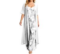 Generisch Kleider Damen Blumenkleid Anzug Elegant Hochzeit Abendkleider Boho Druck zweiteiliges Set Ärmelloses Trägerkleid Langarm Chiffon Cardigan Feiertags Strandkleid Plisseekleid
