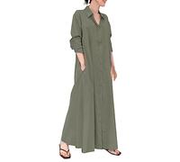 Generisch Kleider Damen Sommer Elegant Lässiges, Langärmliges Hemdblusenkleid Aus Baumwolle Und Leinen Für Frauen Mit Knöpfen Und Kleid Mit Spitze