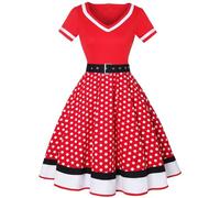 Generisch Kleider Damen Sommer, Elegantes Kleid Damen, Damen Kurzarm V Ausschnitt Polka Swing Cocktailkleid Hochzeit Festlich Knielang Kleid