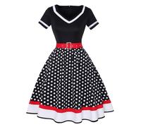 Generisch Kleider Damen Sommer, Elegantes Kleid Damen, Damen Kurzarm V Ausschnitt Polka Swing Cocktailkleid Hochzeit Festlich Knielang Kleid