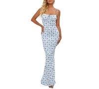 Generisch Kleider Damen Sommer Lang Blumen Spaghettiträger-Kleid Eng Maxikleid Ärmellos Partykleid Elegant Sommerkleid Rückenfrei Maxi Sommerkleider Gerade Geschnitten Bleistiftkleid Kordelausschnitt
