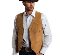 Generisch Kostüm Cowboy, Cowboy Weste Kostüm Herren, Lederweste Ärmellos Western V-Ausschnitt Retro Trachtenweste Hippie Gilet Einfarbige 60er 70er Fasching Karneval Outfit, Gold, M