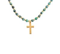 Generisch Kreuz-Halskette Für Damen, 14 Karat Vergoldet, Zierlicher Kreuz-Anhänger, Choker, Heilende Naturstein-Perlenkette, Glaubensschmuck, Geschenke Für Frauen Und Männer, Afrikanisches Türkis
