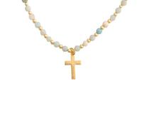 Generisch Kreuz-Halskette Für Damen, 14 Karat Vergoldet, Zierlicher Kreuz-Anhänger, Choker, Heilende Naturstein-Perlenkette, Glaube, Schmuck, Geschenke Für Frauen Und Männer, Amazonit