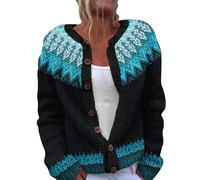 Generisch Kurz Strickjacke Damen mit Knöpfen Cardigan Isländer Pullover Fair Isle Muster Grobstrickjacke Weich Übergangsjacke Elegant Strickcardigan Warm Strickpullover Open Front Strickmantel