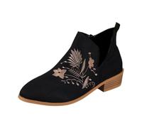 Generisch Kurze Stiefel Damen Mit Blumenstickerei Chelsea Stiefeletten Mit Blockabsatz Vintage Wildleder Ankle Boots Herbst Winter Worker Booties Freizeit Knöchel Schuhe