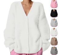 Generisch Kurze Strickjacke Damen, Elegante Langarm Leicht Plüsch Cardigan Cropped Strick Fleece Jacke Winter Flauschiger V-Ausschnitt Strickpullover Sweater Winterjacke, Long Cardigan Damen