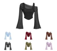 Generisch Langarmshirt Damen Sommer Elegant Netzoberteil mit Glockenärmeln Atmungsaktiv Slim Fit Y2K Crop Top Einfarbig Casual Streetwear Leichtes Oberteil(Black #1,XXL)